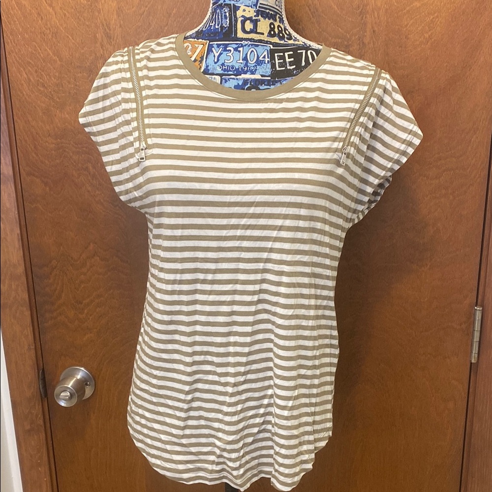 DKNY Striped Tan and White Women's Top size medium